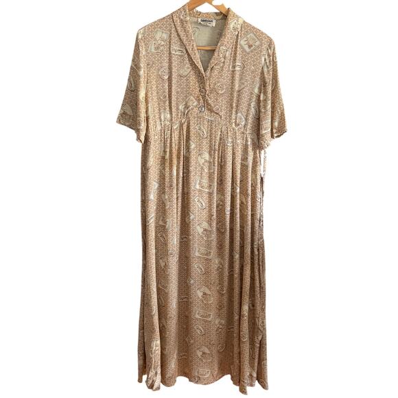 90s Vintage David Dart Force One Cream tan Portrait Print Babydoll Dress Medium - Picture 1 of 9